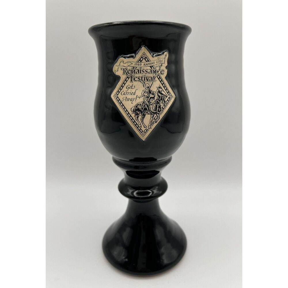 Renaissance Festival 8” Black Pottery Goblet 1989 Kansas City Get Carried Away